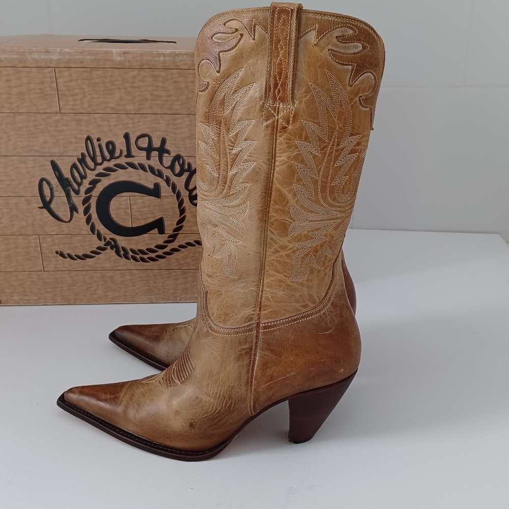 Lucchese Tan Leather Charlie 1 Horse Cowgirl Western Boots Size 8.5